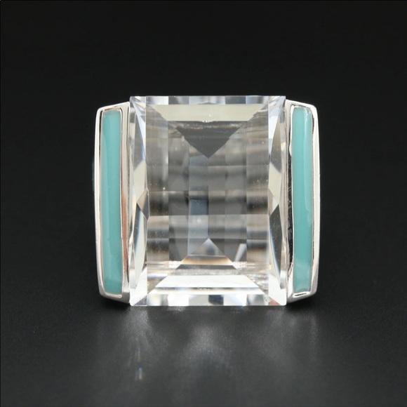 Sterling silver rock quartz crystal enamel ring. 7 - Picture 3 of 7